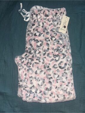 Pink fuzzy leopard print pajama pants